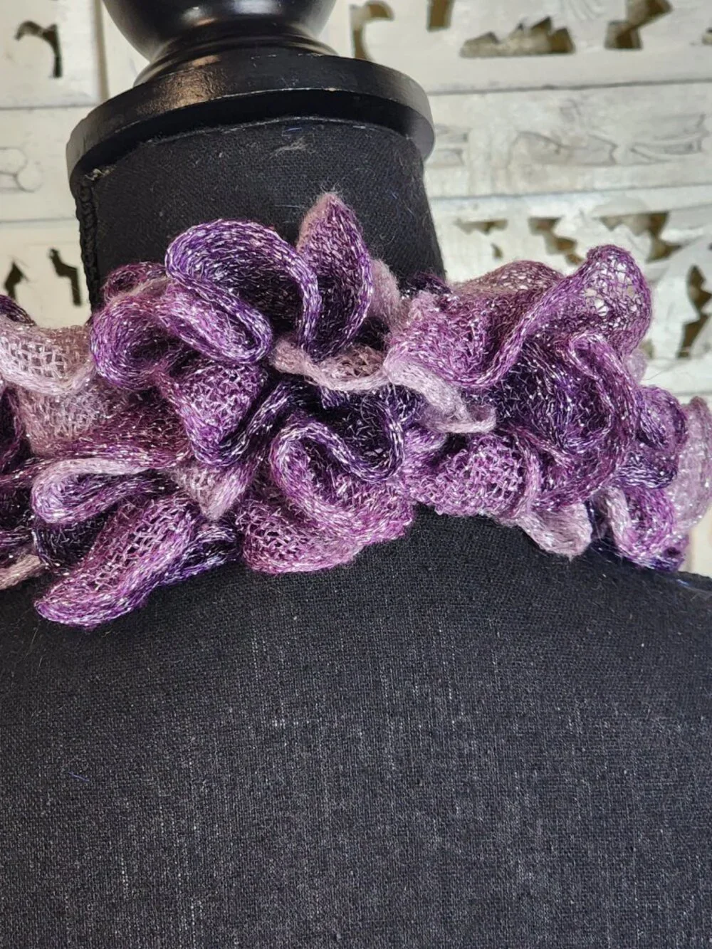 Handmade Crochet Purple and Lilac with Metallic Silver Threads Throughout Scarf